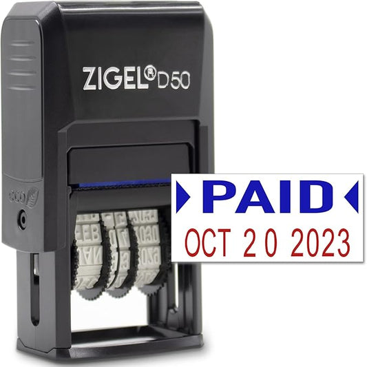 ZIGEL D50 Date Stamp with Paid - Self Inking Date Stamp - Blue/Red