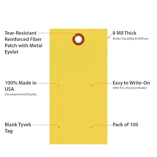 SmartSign (Pack of 100) 4.75 x 2.375 inch “Yellow” Blank Tyvek Shipping Tags with Metal Eyelets, Size #5, 8 mil Thick Tyvek, Made in USA