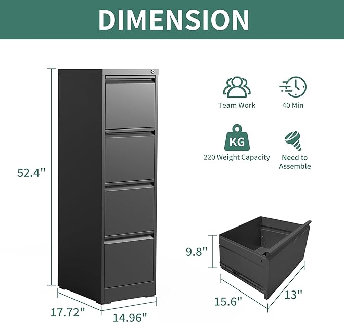 FLIXELIO 4 Drawer File Cabinet with Lock,Metal Vertical Filing Cabinets for Home Office,Heavy Duty File Storage Cabinet for Letter/Legal/A4/F4 Size File,Assembly Require (Black, Vertical 4 Drawer)