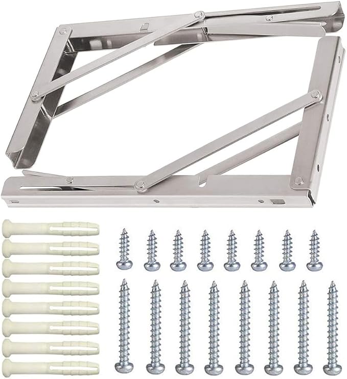 Folding Shelf Brackets, Max Load 300 lb, Heavy Duty Stainless Steel Collapsible Wall Mounted Shelf Brackets for Table, Space Saving DIY Bracket, Pack of 2 (2, Foldable 12")