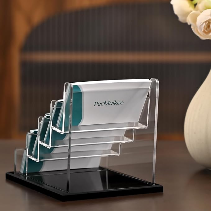 PecMuikee Business Card Holder for Desk，Acrylic Business Card Display Stand,Multiple Business Card Holders for Office, Exhibition, Home, Restaurant 4 Slot 1pcs Tier
