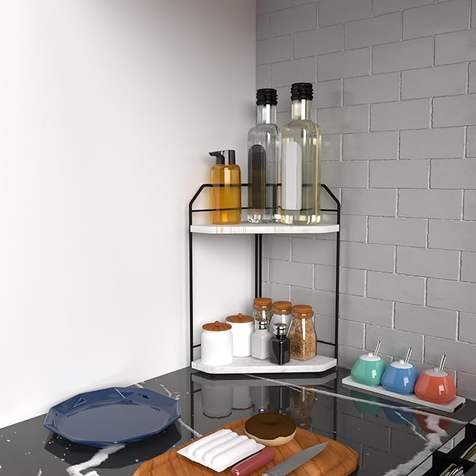 INIUNIK Corner Bathroom Counter Organizer - 2 Tier Wood Vanity Counter Shelf Perfume Skincare Holder, Countertop Corner Shelf Organizer for Bathroom, Kitchen, Rustic White