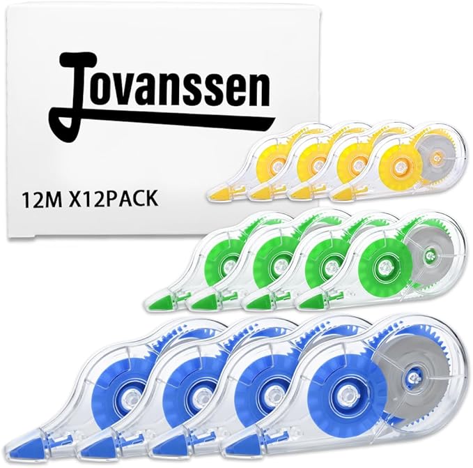 Jovanssen White Correction Tape, 12 Pack, 39.37 Feet Correction Tape for School And Office, writing supplies and correction supplies