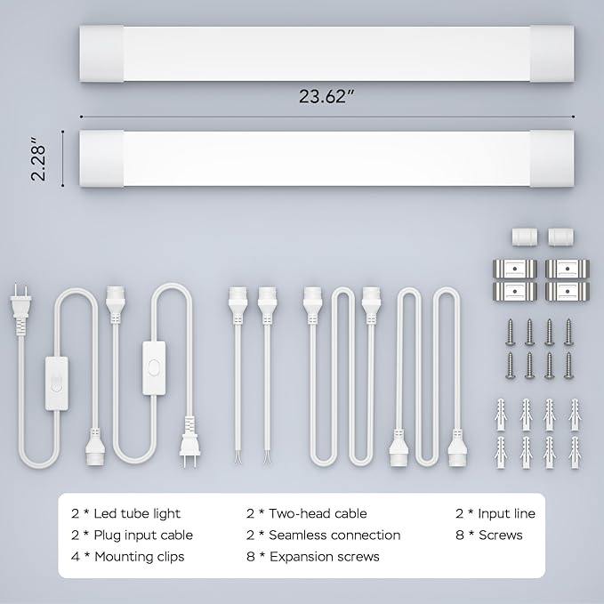 Modlicht Plug in Light Fixtures 2FT 2PCS Linkable 5000K LED Shop Light, Lightweight Under Cabinet Lighting for Kitchen, Bright Overhead Light for Garage Workbench Bedroom Bathroom, Triproof, 18W
