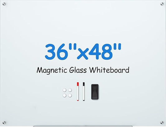 VUSIGN Magnetic Glass Dry Erase Board, 36" x 48" Large Frameless Glass Board for Wall Mounted, Frosted Surface White Board Includes Magnets, Markers, Eraser and Tray for Office, School, Home