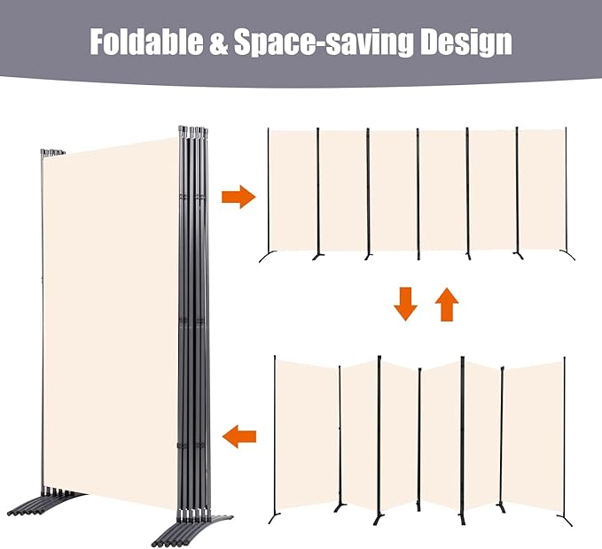 Room Divider 6FT Folding Privacy Screens, 6 Panel Partition Room Dividers w/Freestanding Design, Portable Wall Divider for Room Separtation, Fabric Screen Panel for Home Office Bedroom Dorm