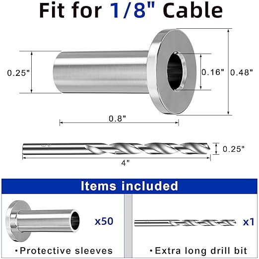 Steel DN Mate 50 Pack Stainless Steel Protector Sleeves for 1/8 Stainless Steel Cable Railing, T316 Marine Grade Cable Protector Sleeves for Deck Railing System, Come with a Drill Bit DE05