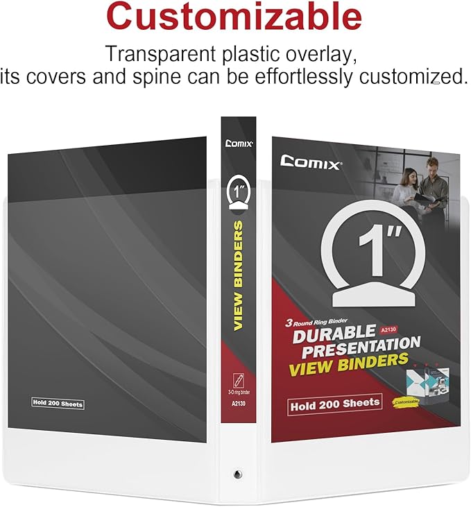Comix Sturdy 3 Ring Binder 1 inch with Clear View Cover, 1" Round Ring View Binder, PVC-Free, 2.4mm-Thick, 200 Sheets Capacity of US Letter Size Paper, Office ＆ School Supplies, Pack of 12 (White)