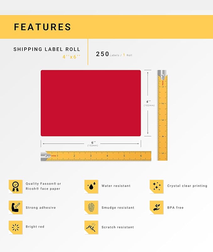 HOUSELABELS 4" x 6" Red Shipping Labels on 1" Core Compatible with Zebra and Rollo Printers, 6 Rolls / 250 Labels per Roll