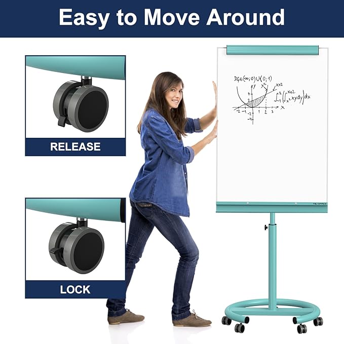 TSJ OFFICE Rolling Whiteboard Standing - 40 x 26 Inches Magnetic Mobile White Board with Stand, Height Adjustable Dry Erase Board on Wheels with Paper Clamp on Top, Light Blue