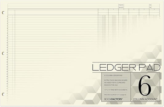BookFactory Ledger Pad/Large 6 Column Accounting Ledger Columnar (Six Columns) Pads - 17'' x 11'', 50 Pages, Notepad Landscape Format (Made in USA)