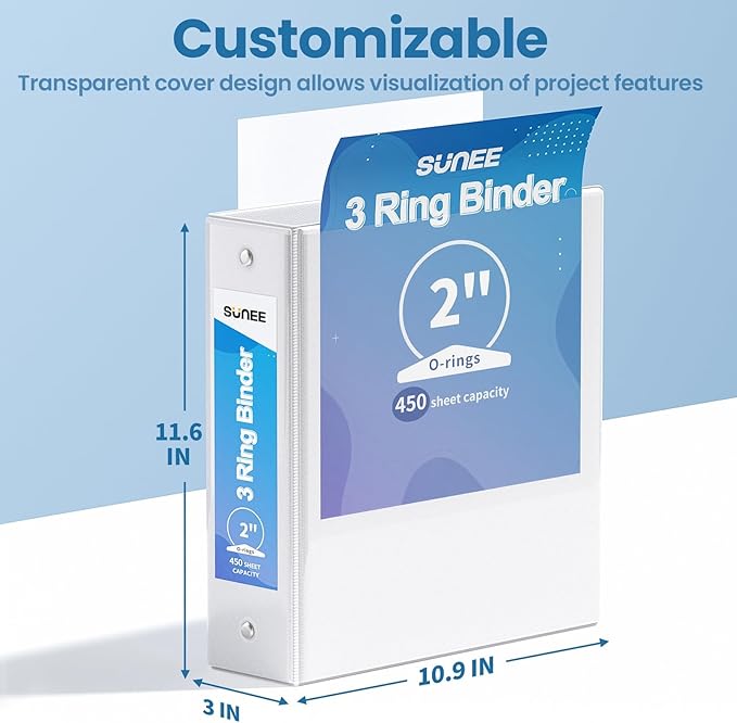 SUNEE 3 Ring Binders 2 Inch 8 Pack, Clear View Binders Three Ring PVC-Free (Fit 8.5x11 Inches) for School or Office Supplies, White