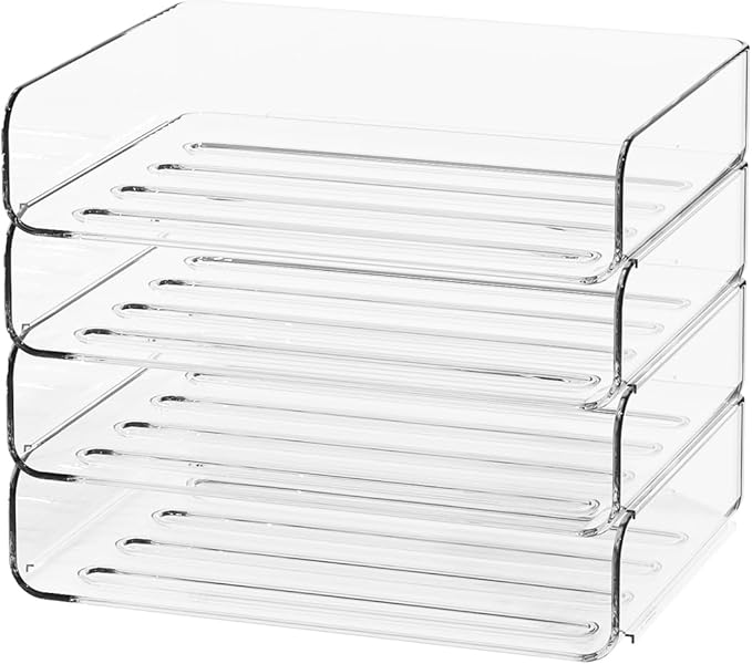 FANXIYQ 4-Tier Acrylic Paper Tray Organizer - Low-Profile Desk File Sorter for Office/Home, Clear Stackable Letter Tray for Bills, Crafts, Notebooks