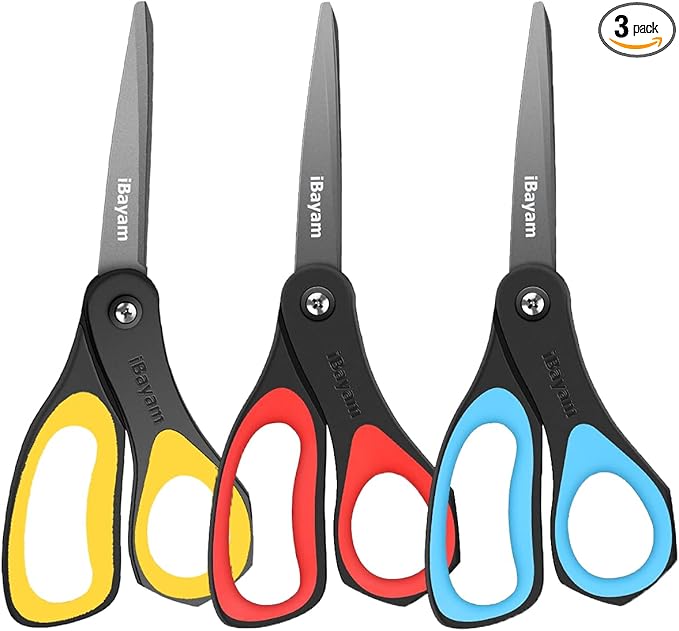 Scissors, iBayam 3 Pack 8" All Purpose Nonstick Scissors, 2.5MM Thickness Titanium Blades with Comfort Grip, Heavy Duty Shears for Office School Home Classroom General Use Art and Craft DIY Supplies