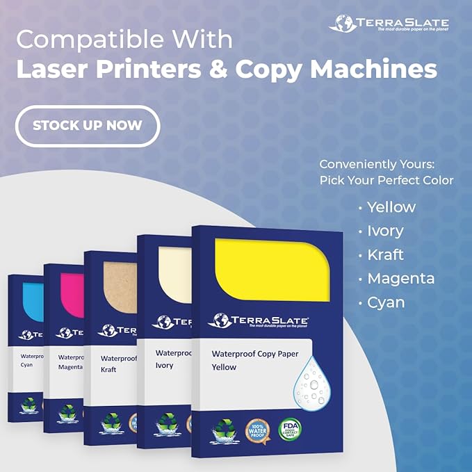 TerraSlate Waterproof Paper, Rip-Proof Colored Paper, Magenta Pink, 25 Sheets, 8 Mil (80 lb Cover), 8.5" x 11", Laser Printer and Copy Machine Compatible