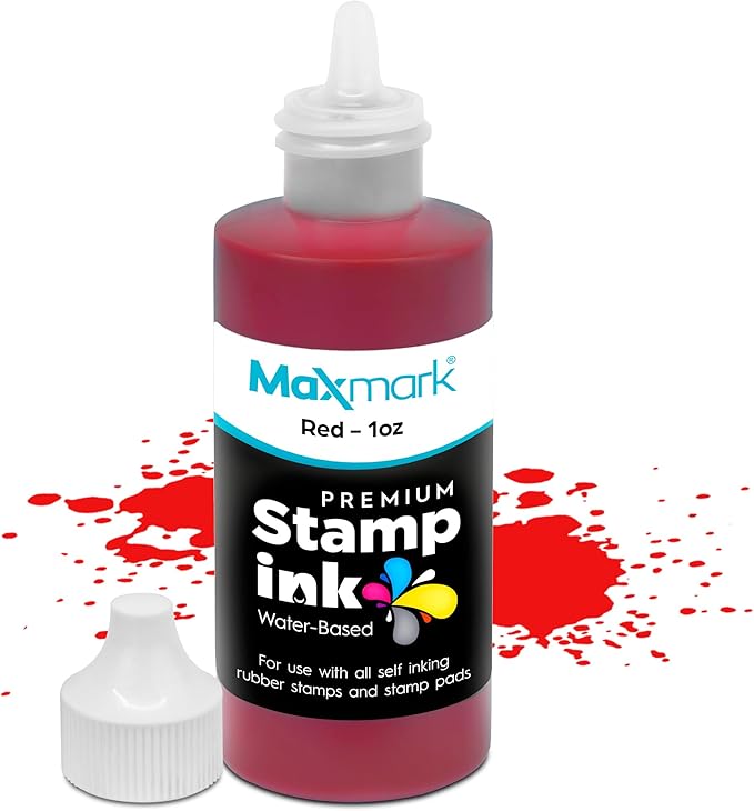 MaxMark Premium Refill Ink with Control Tip Bottle for Self-Inking Stamps, Red Color - 1 oz.