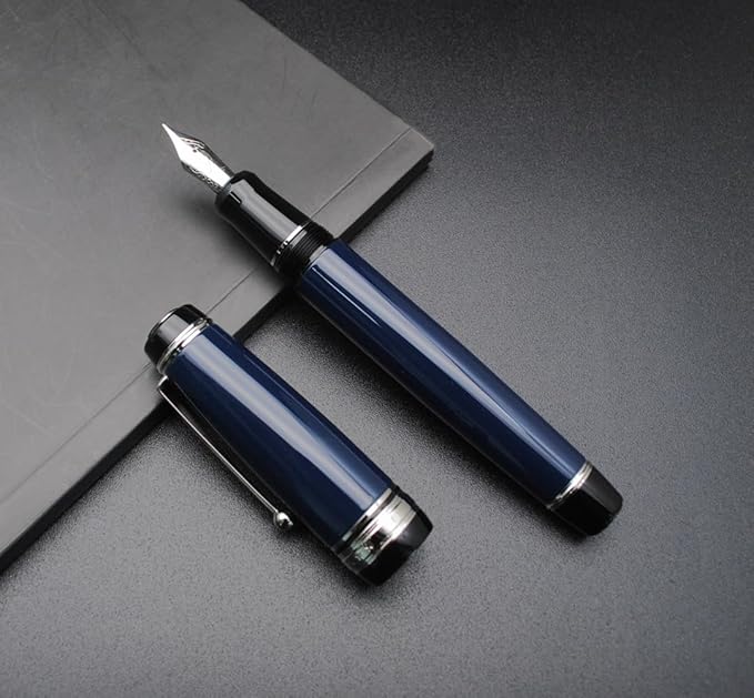 xixixiaozhu Metal Big Fountain Pen Set Medium Nib 0.7mm, Includes Ink Refill Converter, 5 Ink Cartridges & Gift Box (Medium Nib 0.7mm, Dark Blue with Silvery Clip)