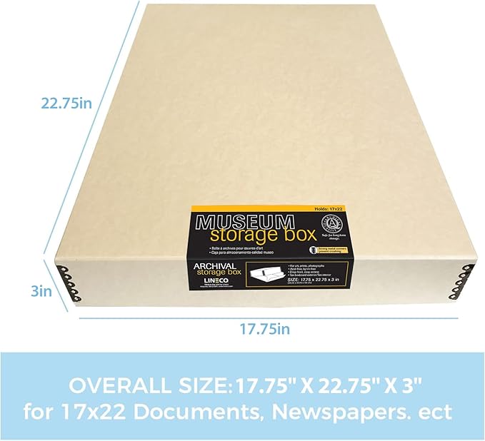 Lineco Museum Archival Storage Box, 17.75x22.75x3 in. Drop Front Design. Acid-Free with Metal Edge. Organize Photos, Pictures, Prints, Documents, Crafts, DIY. Tan, 2 Pack