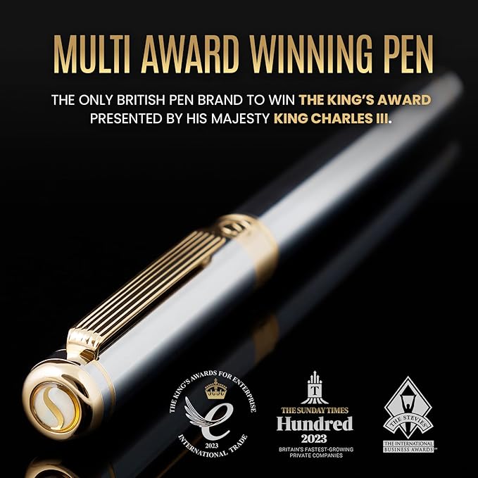 Scriveiner Silver Chrome Fountain Pen - Stunning Luxury Pen, Real Gold Finish Schmidt Gilded Nib (Medium), Best Pen Gift Set for Men & Women, Professional, Executive Office, Nice Pens