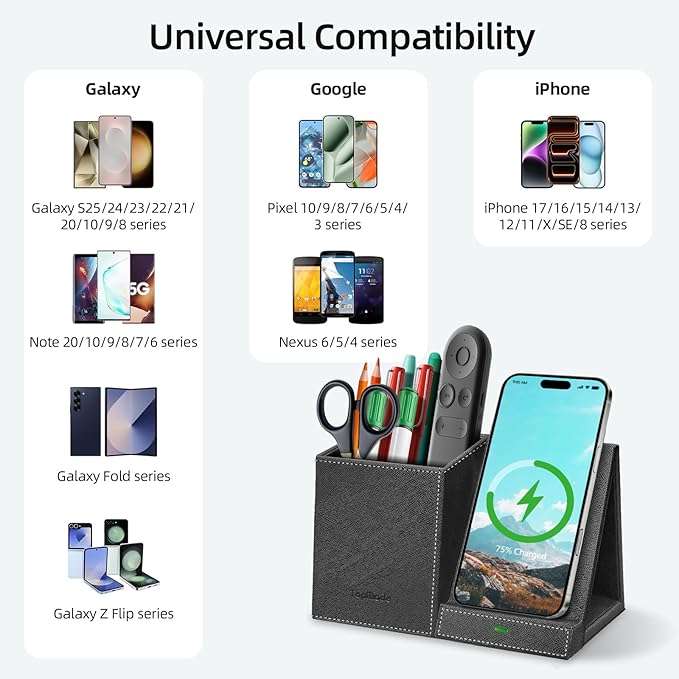 TopMade Wireless Charger with Pen Pencil Holder, Leather Mltifunctional Desk Nightstand Organizer, Fast Charging Station Remote Control Holder, Office Supplies Desk Accessories, Gifts for Men(Black)