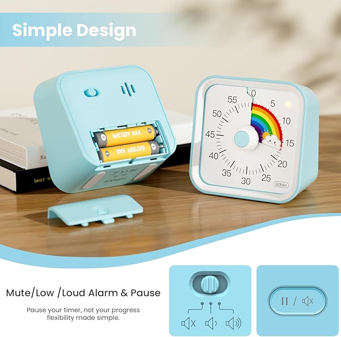 Visual Timer for Kids with Pause Function, Cute Silent Timer with Rainbow for Classroom, Teaching, Task, Kitchen, 60 Minute Countdown Time Management for ADHD (Rainbow Blue)