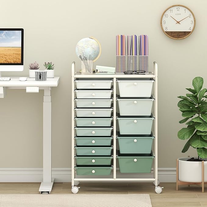 LDAILY 15 Drawer Rolling Storage Cart, Rolling Cart with Drawers for Classroom, Art Supply Craft Organizer on Wheel with Metal Frame & Handles for Home Office School (Gradient Green, 15 Drawer)