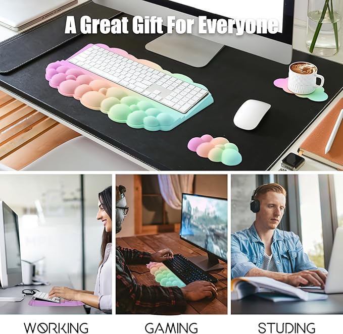 Ergonomic Wrist Rest for Keyboard, Soft Memory Foam Cloud Keyboard Stand Pad with Wrist Rest Set with Non-Slip Silicone Base, Easy Typing, Pain Relief, Comfort for Computer Laptop Mac - Rainbow