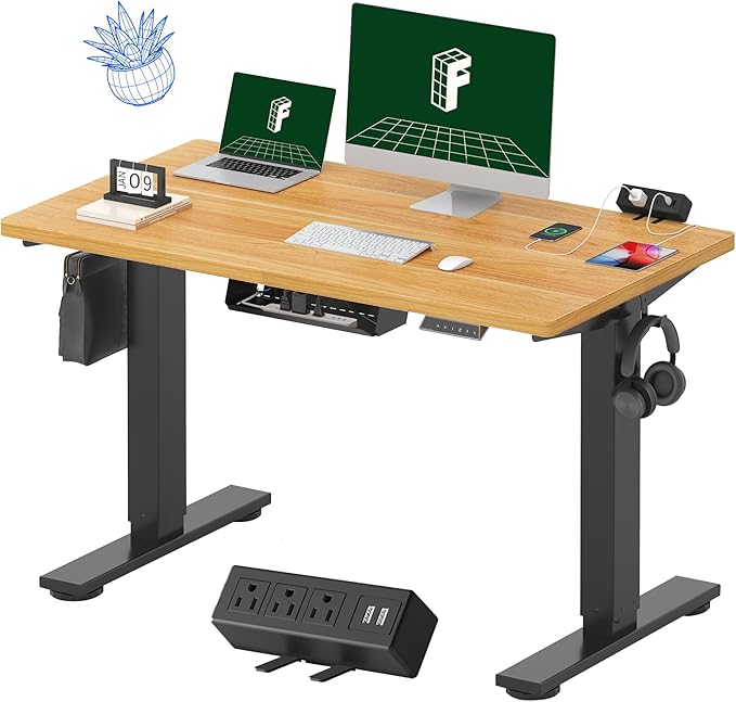 FLEXISPOT EN2 Whole-Piece Standing Desk with Clamp Power Strip, 48 x 24'' Electric Stand Up Height Adjustable Desk with Cable Management (Black Frame + 48" Maple Desktop, 2 Packages)