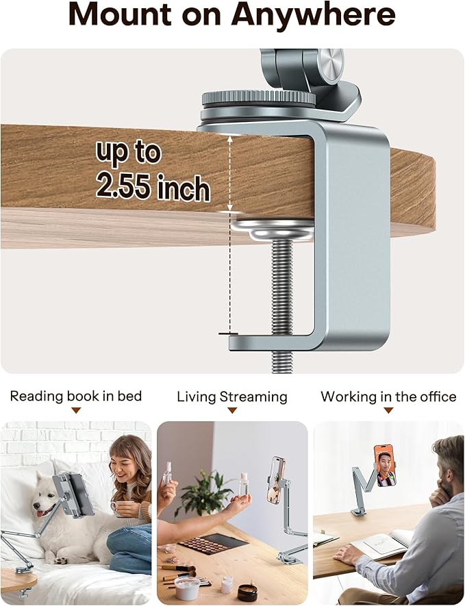 OMOTON GH03 Adjustable Tablet Stand for iPad, Desk Phone Holder for Bed with 2 Clamps, Flexible Aluminum Alloy Mount with 360° Rotation for 4-13" Devices