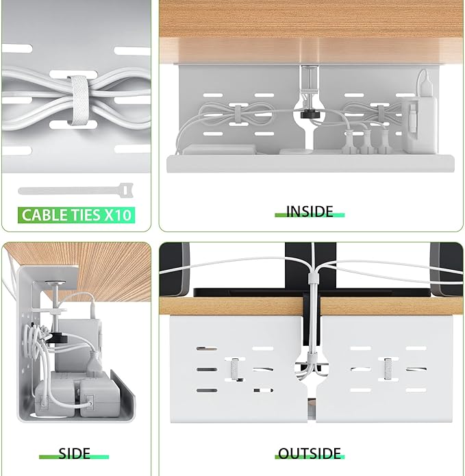 KEEGH 16" Under Desk Cable Management Tray, 2 Pack Desk Cord Organizer Upgrade Capacity, Drill Free Clamp/Screw Mount, Sturdy Metal Tray for Connect Cables, Home, Office, White