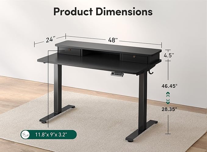 FEZIBO 48 x 24 Inch Height Adjustable Electric Standing Desk with Double Drawer, Computer Desk, Home Office Stand Up Table with 4 Height-Adjustable Feets & 2 Hooks, Black