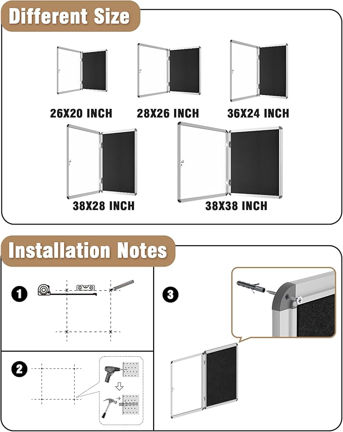 Mifuro 38"x38" Enclosed Bulletin Board, Lockable Weather-Resistant Aluminum Cork Noticeboard for School & Office, Silver Frame w/Black Flet