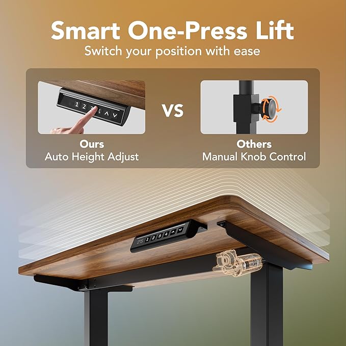 HUANUO 48" x 24" Electric Standing Desk Adjustable Height, 4 Memory Height Settings, Headphone Hook, Cable Manager, Sit Stand Up Desk for Home Office & Computer Workstation, Walnut