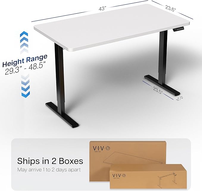 VIVO Electric 43 x 24 in Standing Desk, Memory Height Adjustment, 1B Series, Holds 220 lbs, One-Piece White Top, Black Frame, DESK-KIT-1B4W