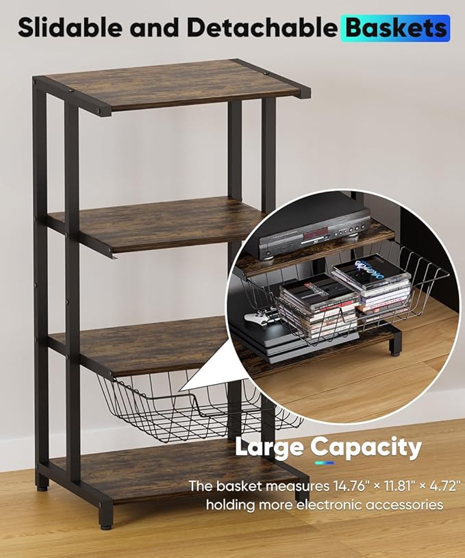 Ardier Media Stand with Detachable Baskets, 4-Tier AV Media Stand Corner Shelf for DVD Players/Cable Boxes/Games Consoles, Audio Storage Rack for Living Room, Gaming Room, Music Studio, Black