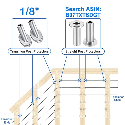 [Patent Design] CKE 40 Pack 45 Degree T316 Marine Grade Stainless Steel Angle Beveled Protector Sleeves Wood Post Protector for 1/8" Wire Rope Cable Railing, Come with a Free Drill Bit