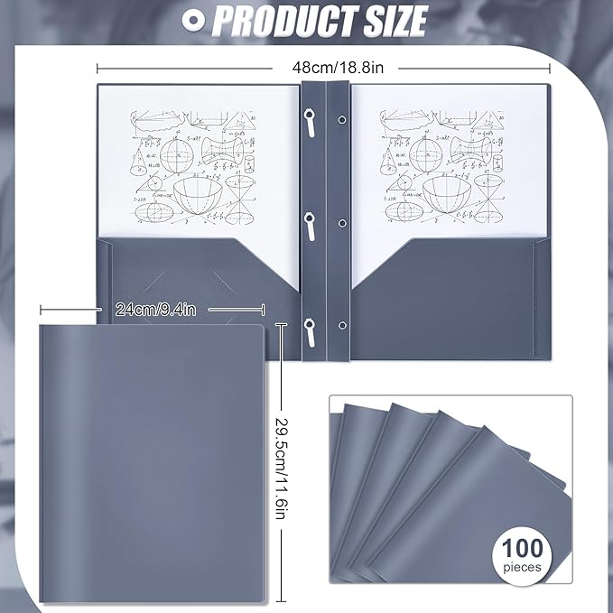 Lincia 100 Pcs Plastic Folders with Pockets and Prong Folders with Prongs 2 Pockets for Office, School for Students, Teachers, Office Workers(Grey Blue)