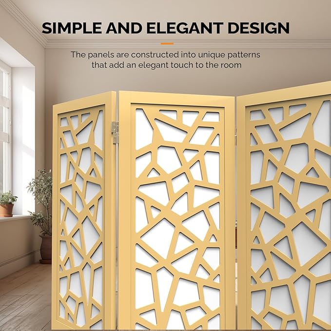 VINGLI 70'' H Room Divider, Non-Woven Fabric Privacy Screen, Indoor Partition Wall Dividers, Freestanding Hinged Space Separator with Modern Unique Pattern (Gold, 4 Panel)