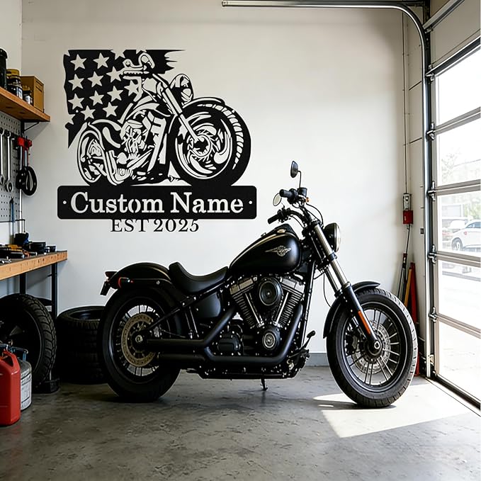 Custom US Flag Motorcycle Metal Signs Personalized Biker Name Sign Custom Garage Decor Motorbikes Wall Art Decor Motorcycle Sign Men Room Decorate Gifts for Men Husband Rider
