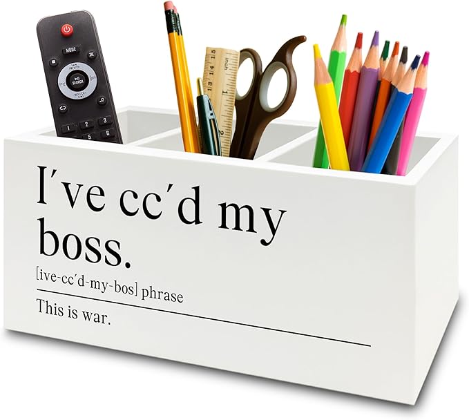 XPH Funny Office Pen Pencil Holder Organizer for Desk, Coworker Gifts for Women Men, I've Cc'd My Boss Funny Wooden Box Sign for Home Office Workplace Desk Tabletop Decorations