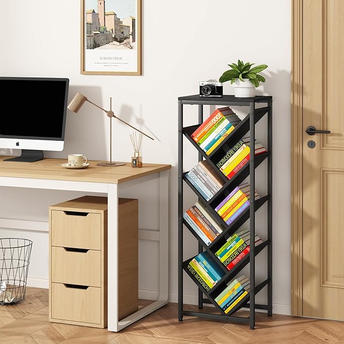 IBUYKE 9 Tier Tree Bookshelf, Floor Standing Wood Bookshelf for Narrow Space, Storage Organizer Bookcase for Books/CDs/Movies, Small Corner Bookcase for Bedroom Living Room,Black,TBC002B