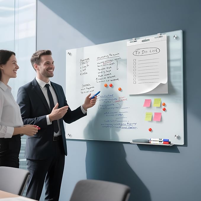 MaxGear Glass Whiteboard, Tempered Magnetic Dry Erase Board, Frameless Wall Mounted, Office Classroom Conference Room Home Use, Includes Markers, Eraser, Magnets & Mounting Kit