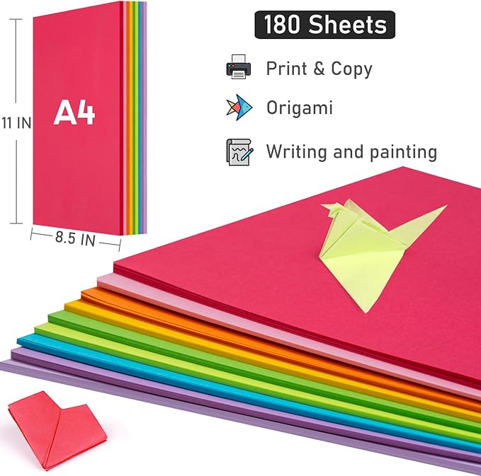 Colored Copy&Print Paper 8.5X11 Inches,180 Sheets 9 Colors Rainbow A4 Printer Paper 20 lb/90GSM Colored Origami Paper for Cutting DIY Kids Art Craft