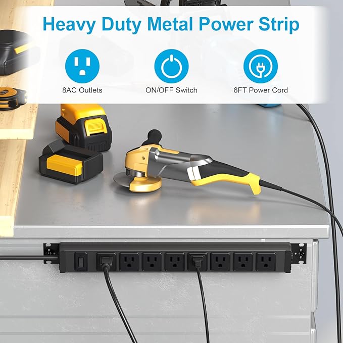 HHSOET 2 Pack Metal 360° Rotating Mountable Power Strip, 8 Outlet Gaming Table Mounted Long Power Strip, Heavy Duty Wall Mount Surge Protector with Switch, 15A 125V 1875W 6ft Power Cord.