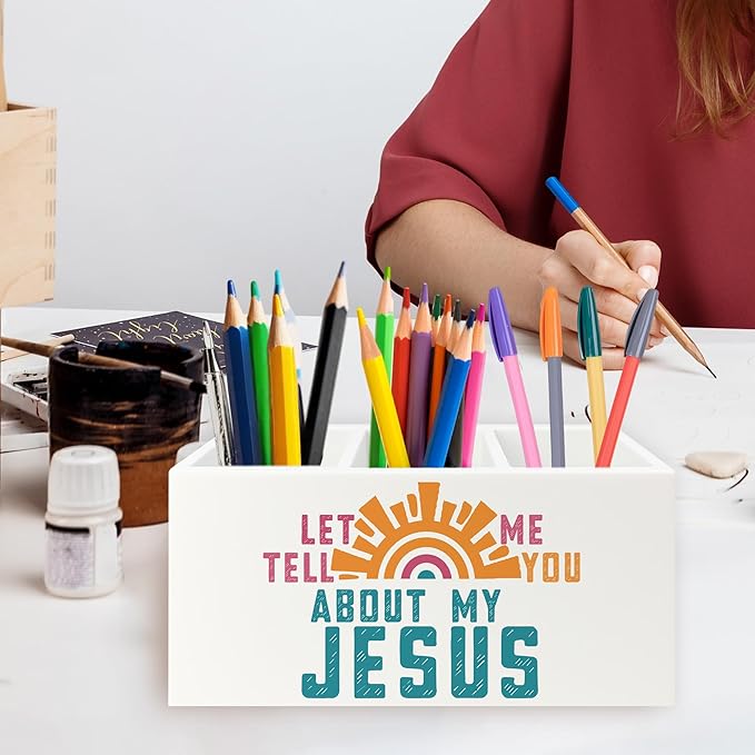 QZQE Boho Jesus Christian Pen Pencil Holder Organizer for Desk, Let Me Tell You about My Jesus Bible Verse Wooden Box Signs Decorations for Home Office Desk Tabletop