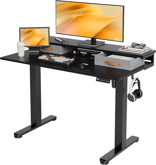 Claiks Electric Standing Desk with 2 Drawers, Adjustable Standing Desks with Storage, Height Adjustable Stand up Desk for Home Office with 2 Hooks,48 Inch Black