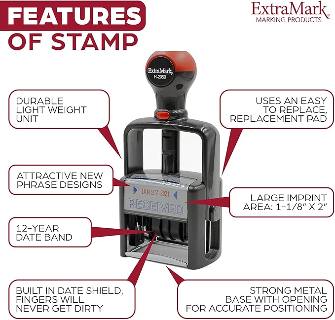 Heavy Duty Style Office Date Stamp with DEPOSITED - Self Inking Dater - Style C - Red Ink Color