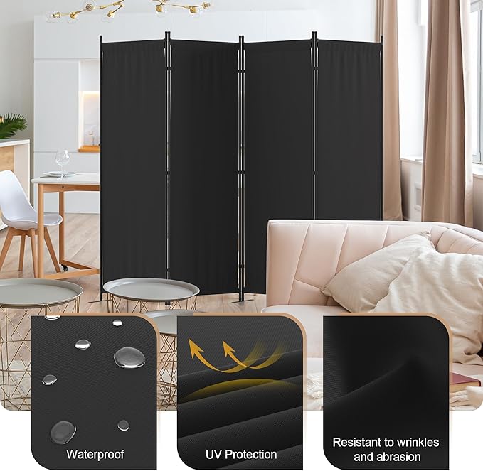 Kecreque Room Divider 4 Panel Partition Room Dividers & Folding Privacy Screens w/ 3 Metal Feet 6FT Portable Wall Doubles as a Dressing Screen Portable Wall for Office Kitchen Children's Room,Black