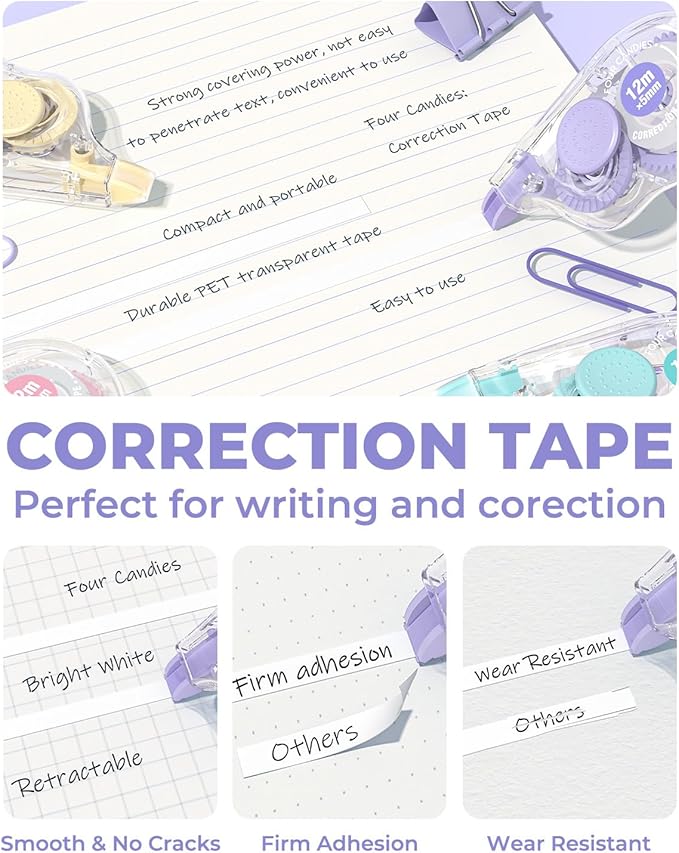 Four Candies White Correction Tape, 39.4 Feet, 8 Pack Easy to Use Applicator for Instant Corrections, Tear-Resistant, Smooth & Quick-Drying Tape for Office & School Supplies