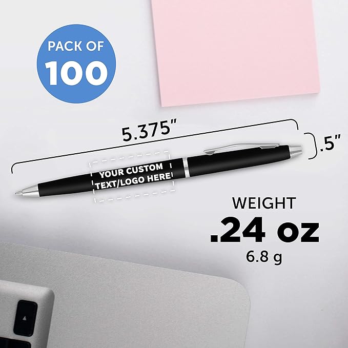 DISCOUNT PROMOS Custom Langham Ballpoint Pens Set of 100, Personalized Bulk Pack - Black Ink, Great for Office, School, Business, Tradeshows - Black